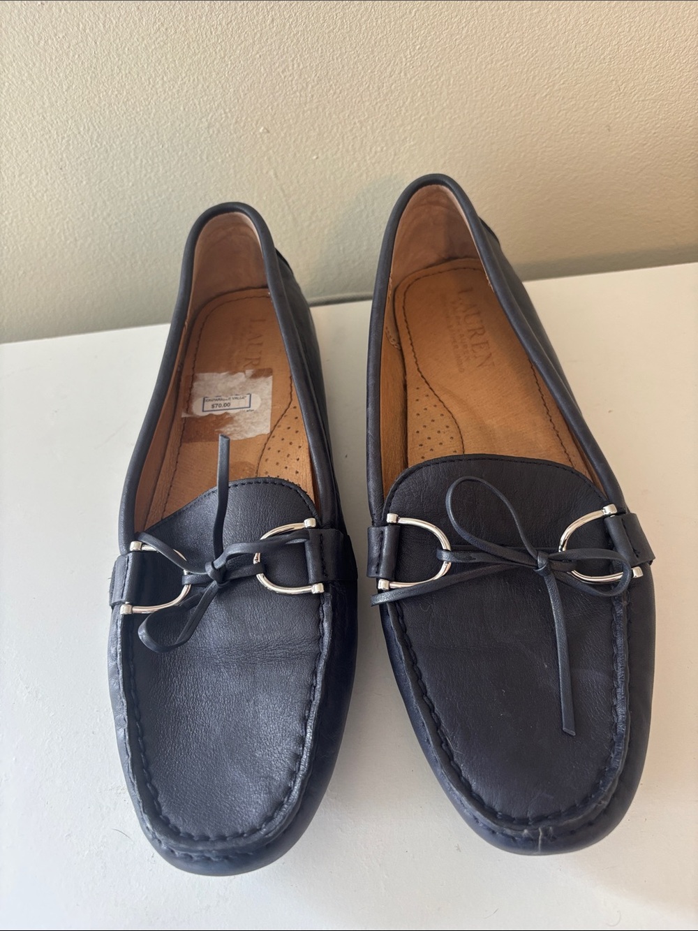 Lauren Ralph Lauren Black Leather Driving Moccasins with Silver Hardware